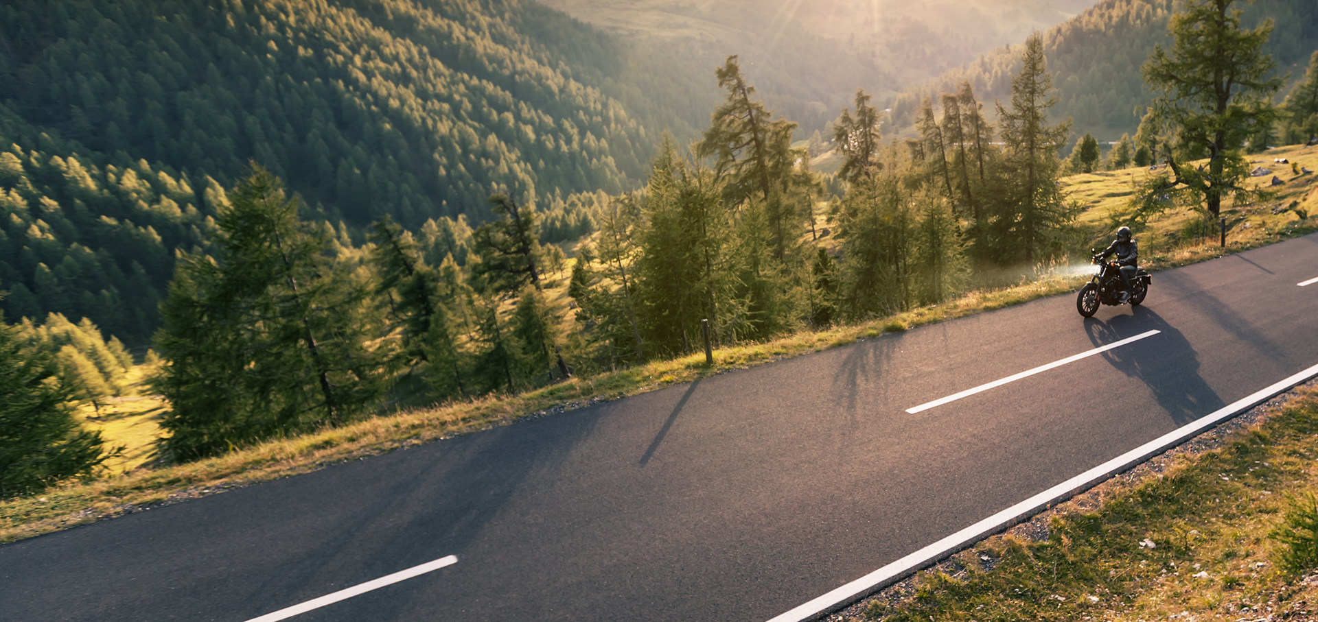 Motorradfahrer fährt auf einer Straße umgeben von grünen Wäldern