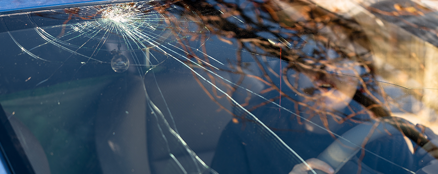 Frau am Steuer sieht erschrocken den Steinschlag in der Windschutzscheibe ihres Autos.