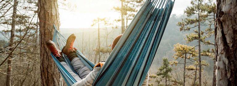 Person liegt in einer Hängematte im Wald
