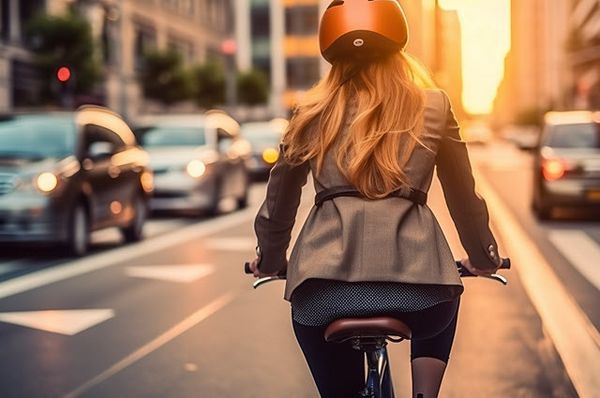 Man sieht eine Frau von hinten. Sie hat langen, blonden Haare, trägt einen Fahrradhelm und fährt im Straßenverkehr.